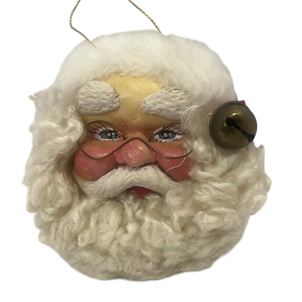 VTG Santa Claus Resin Christmas‎ Ornament Beard Flocked Hat Bell Glasses Read